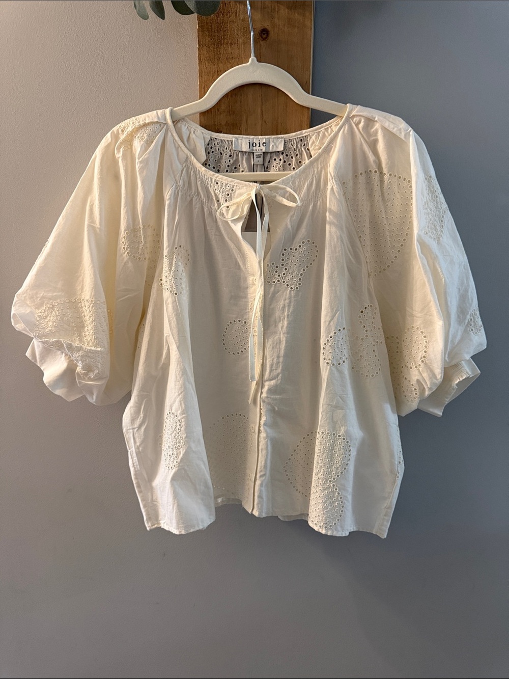Joie Cream Eyelet Tie-Front Puff Sleeve Tunic, NWTs